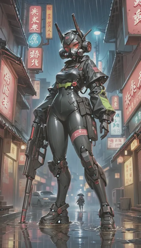 cyber punk，Cute Armed Girl，bob，Blood on the face，neon sign，Chinatown at night，neon sign，miscellaneous，night rain，get wet in the rain，Reflected in a puddle，A mecha-like townscape，雑居ビルにneon sign，night town，railgun，A gas mask like Casshern，Red eyes glowing，en...