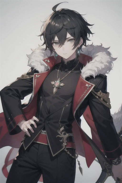 ((best quality)), ((masterpiece)), (detailed), perfect face 1boy in a red coat and black pants with a sword, genshin impact char...