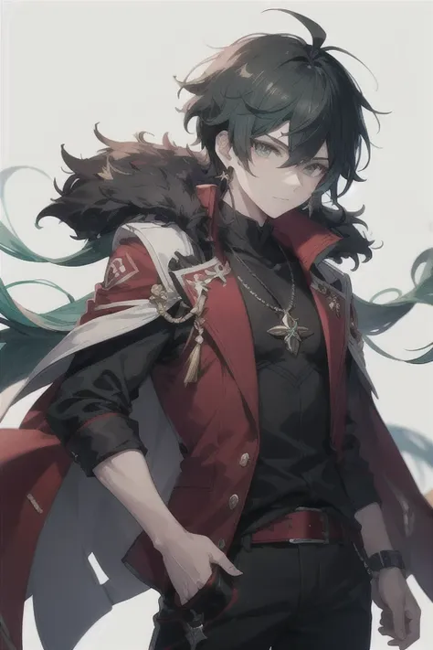 ((best quality)), ((masterpiece)), (detailed), perfect face 1boy in a red coat and black pants with a sword, genshin impact char...