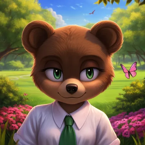 (bear girl mobian:1.3),brown fur,brown hair,green eyes,white shirt,black pants,pink tie,female mobian,buttoned shirt,dominant female,female mobian,(best quality,4k,8k,highres,masterpiece:1.2),ultra-detailed,(realistic,photorealistic,photo-realistic:1.37),p...