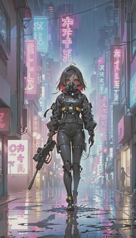 cyber punk，Cute Armed Girl，bob，Blood on the face，neon sign，downtown at night，A lot of neon signiscellaneous，night rain，get wet in the rain，Reflected in a puddle，Mechanical Townscape，雑居ビルにneon sign，Electric wires are strung all over the place.，night town，Cr...