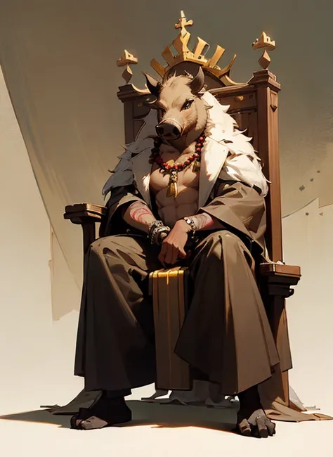 (head to toe: 2.0), (full body image: 2.0), solo, anthropomorphic boar, (head of a boar: 1.3), large, fat, muscular, (sitting on a throne: 1.4), regal clothing, sword and cepter, facial piercings, , extremely stylized, deviant art, masterpiece, highly deta...