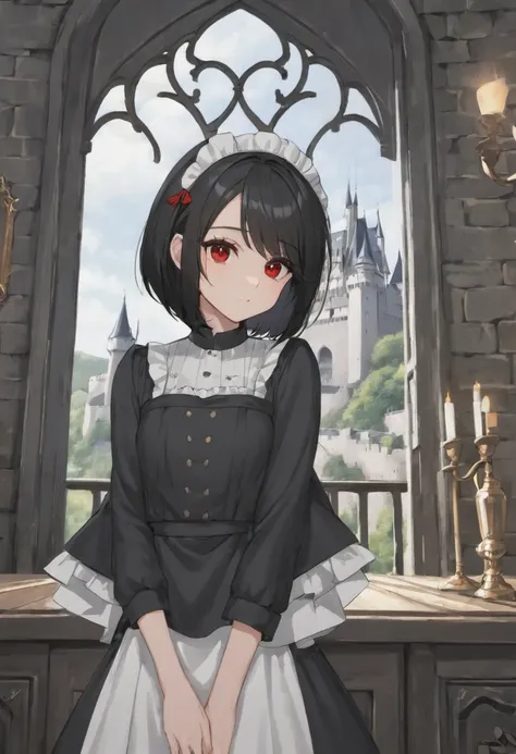 #high resolution#8K#short bob#black hair#red eye#light in the eyes#Black and white maid outfit long#Background: Inside the castle room#beautiful hair#noon#adult woman