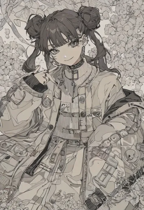 absurdres, aesthetic, line art , (coloring book), 1girl smiling, piercings, twintails, double buns, intricate jacket, black and ...