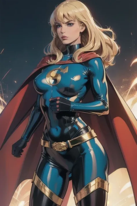 best quality, woman, super hero, straight blonde hair, bangs, cape, blue latex tights, gold belt