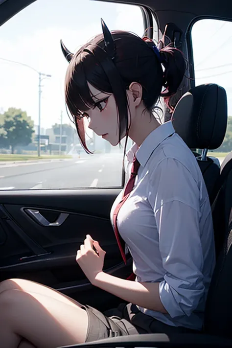 A female demon banging on the passenger window of a car、（（Exterior shot from inside the car））