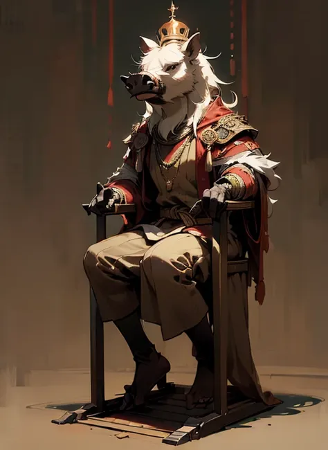 (head to toe: 2.0), (full body image: 2.0), solo, anthropomorphic boar, (head of a boar: 1.3), large, fat, muscular, (sitting on a throne: 1.4), regal clothing, sword and cepter, facial piercings, , extremely stylized, deviant art, masterpiece, highly deta...