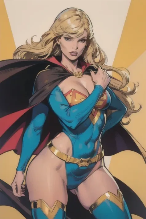 best quality, woman, super hero, straight blonde hair, bangs, cape, blue tights, gold belt