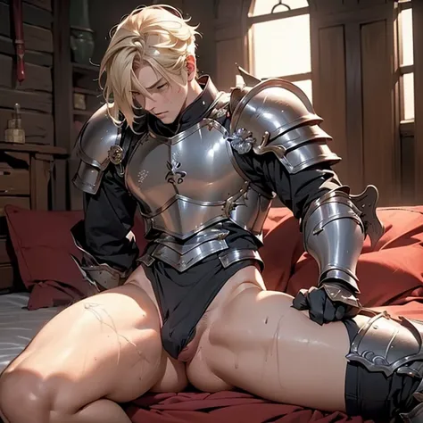 ((A young adult blond male dragoon wearing erotic armored leotard and armor plates rubbing and humping his crotch against his weapon that is positioned in between his legs)), he is breathing heavily and his body is twitching as he rubs the weapon in betwee...