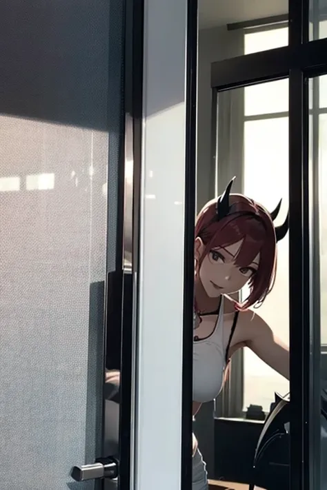 A female demon banging on a glass door with a mobile phone