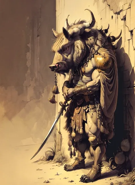 (head to toe: 2.0), (full body image: 2.0), solo, anthropomorphic boar, head of a boar, large, muscular, sitting on a throne, regal clothing, sword and cepter, facial piercings, , extremely stylized, deviant art, masterpiece, highly detailed, detailed eyes...