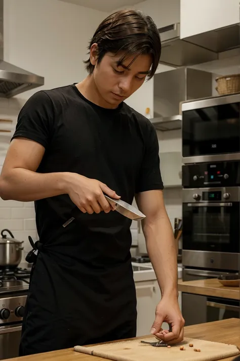 Un hombre joven mostrando un cuchillo de cocina japonesa