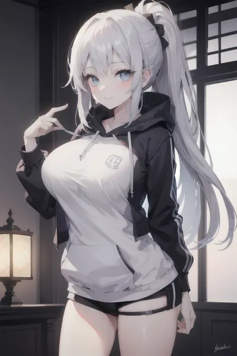 Masterpiece, high quality, ultra quality, best lighting, 1girl, long hair, silver hair,pony tail,light blue eyes ,detailed eyes,wearing a hoodie, big breast, big thigh, smile, blush, pretty face, standing, sexy body, sexy,looking at viewer