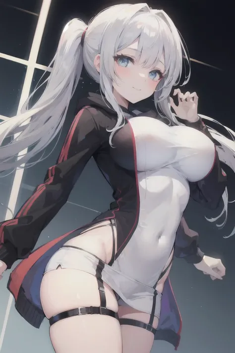 Masterpiece, high quality, ultra quality, best lighting, 1girl, long hair, silver hair,pony tail,light blue eyes ,detailed eyes,wearing a hoodie, big breast, big thigh, smile, blush, pretty face, standing, sexy body, sexy,looking at viewer