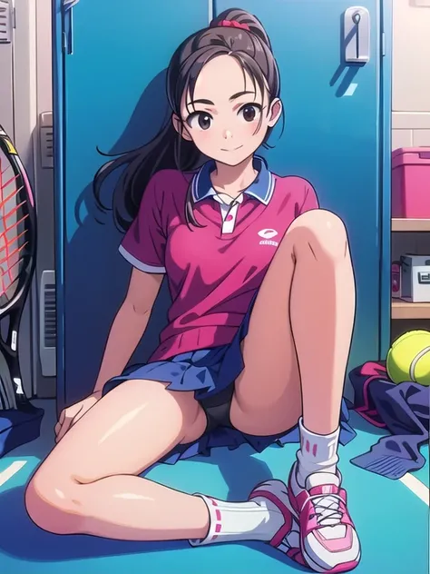 highest quality, ultra high resolution, (realistic: ),(A junior high school student wearing white tennis wear２people))(((Please open your legs a little)))full body portrait,locker room、Change of clothes,loose socks、Embroidered panties、embroidery bra、nipple...