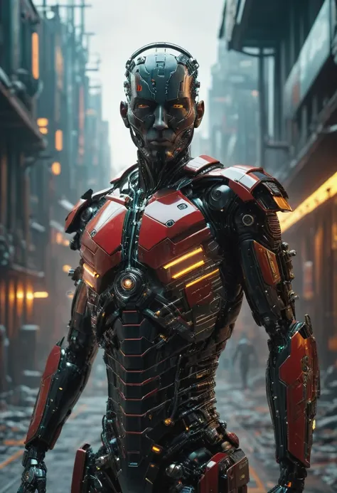 full length view. (cyborg man with a weapon in his hands) bold, threatening look. red and black exoskeleton male cyborg. a dynam...