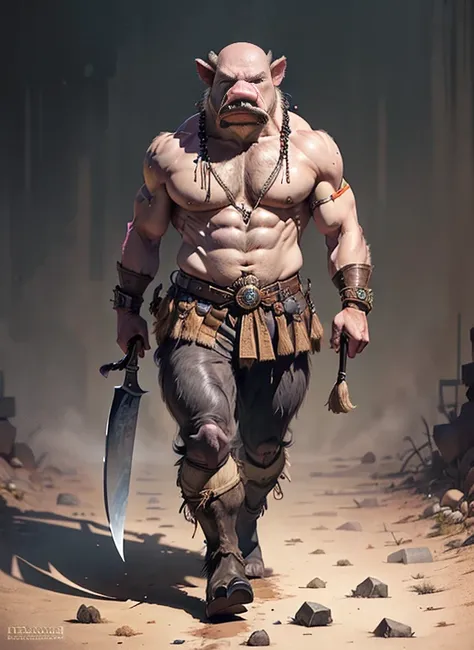 (head to toe: 2.0), (full body image: 2.0), solo, anthropomorphic boar, (head of a boar: 1.3), large, fat, muscular, (carrying a large cleaver: 1.4), regal clothing, sword and cepter, facial piercings, , extremely stylized, deviant art, masterpiece, highly...