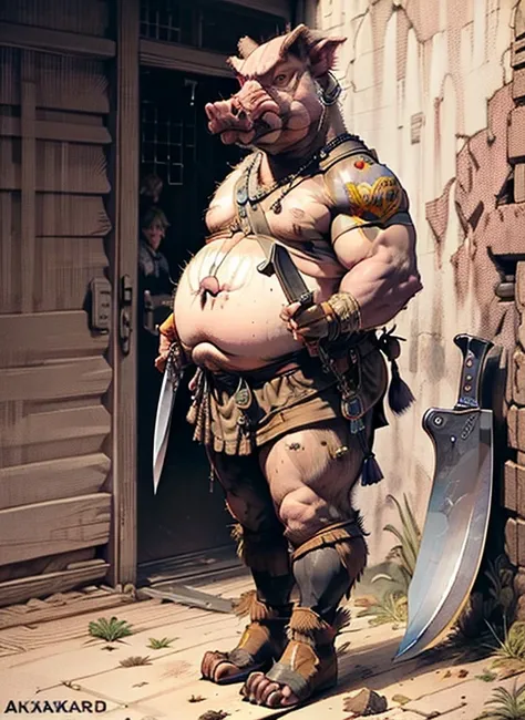 (head to toe: 2.0), (full body image: 2.0), solo, anthropomorphic boar, (head of a boar: 1.3), large, fat, muscular, (carrying a large cleaver: 1.4), regal clothing, sword and cepter, facial piercings, , extremely stylized, deviant art, masterpiece, highly...