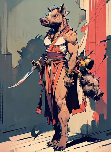 (head to toe: 2.0), (full body image: 2.0), solo, anthropomorphic boar, (head of a boar: 1.3), large, fat, muscular, (carrying a large cleaver: 1.4), regal clothing, sword and cepter, facial piercings, , extremely stylized, deviant art, masterpiece, highly...