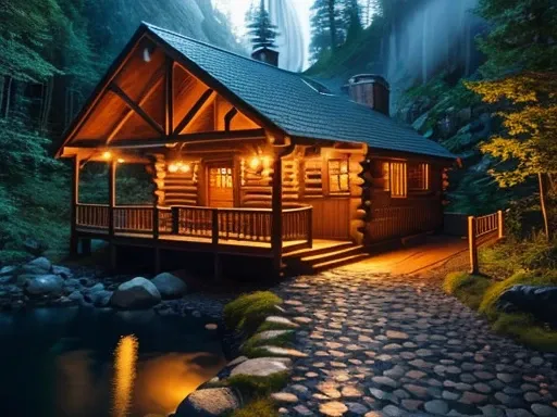 (A wooden cabin in a dense forest, candles on the floor lighting the stone path, waterfall in the background with waterfalls at dusk), high quality, ultra-detailed, realistic, portraits, vibrant colors, warm tones, soft lighting