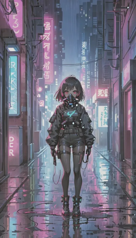 cyber punk，Cute Armed Girl，bob，The inner color of the hair is pink，Blood on the face，neon blue，neon pink，neon sign，narrow back alley，Underground，downtown at night，A lot of neon signiscellaneous，night rain，get wet in the rain，Reflected in a puddle，Mechanica...