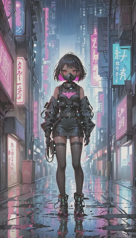 cyber punk，cute armed girl，bob，the inner color of the hair is pink，blood on the face，neon blue，neon pink，neon sign，narrow back a...