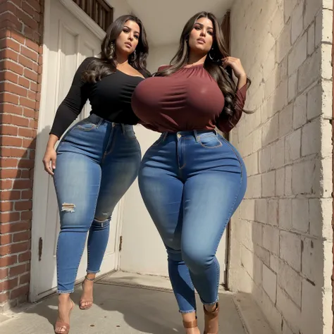 huge ,Tunisian,brune, extra curvy, giantess,tall, woman ,brown hair with blonde strands, Non-unified complexions, 50 years old ,thick ass ,massive thighs ,huge butt ,enormous massive legs ,large wide hips ,big breast ,a tight jeans ,covering blouse .