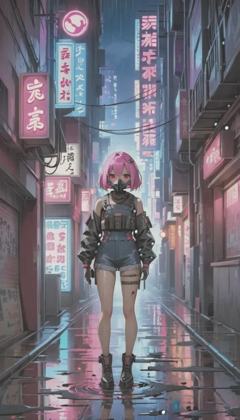 cyber punk，cute armed girl，cute girl，bob，the inner color of the hair is pink，blood on the face，neon blue，neon pink，neon sign，nar...