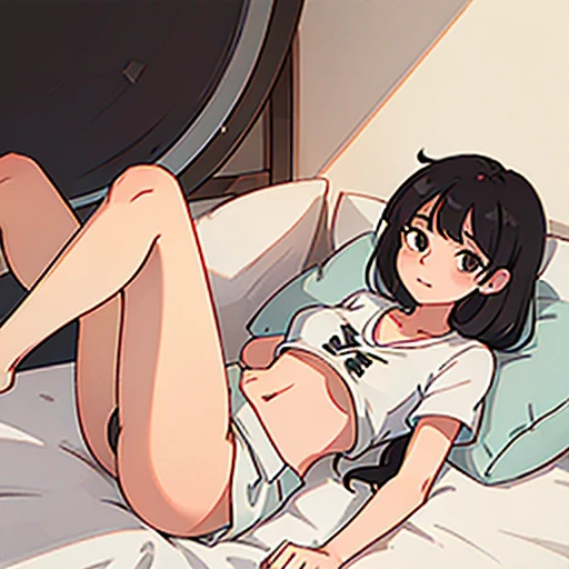 Girl with black hair on a bed looking at the camera showing her vagina, mostrando os peitos, sem camisa, sem calcinha, without pants 