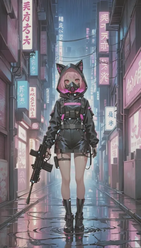 cyber punk，cute armed girl，cute girl，cat ear hood，bob，the inner color of the hair is pink，blood on the face，neon blue，neon pink，...