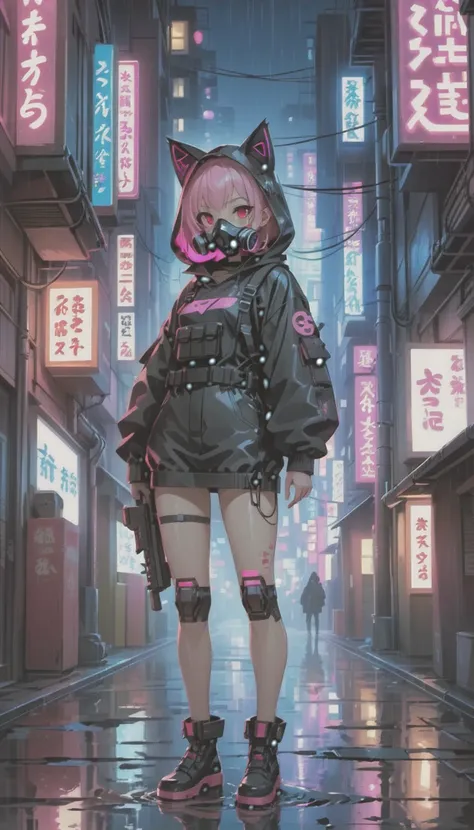 cyber punk，cute armed girl，cute girl，cat ear hood，bob，the inner color of the hair is pink，blood on the face，adhesive plaster on ...