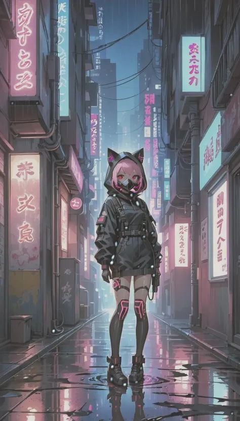 cyber punk，cute armed girl，cute girl，cat ear hood，bob，the inner color of the hair is pink，blood on the face，adhesive plaster on ...