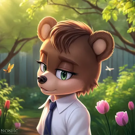 (bear girl mobian:1.3),brown fur,brown hair,green eyes,white shirt,black pants,pink tie,female mobian,buttoned shirt,dominant female,female mobian,(best quality,4k,8k,highres,masterpiece:1.2),ultra-detailed,(realistic,photorealistic,photo-realistic:1.37),p...