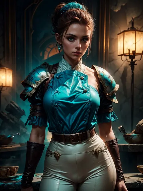 (Visage-BarbaraPalvin:0.8) (d&d rogue character:1.2) peinture femme gingembre cheveux auburn (chignon:1.1) white button shirt see through leather pants pauldron teal armor belts straps detailed background ancient ruins (petit_seins:1.1) (chef-d&#39;artwork...