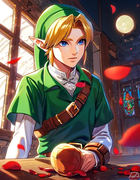 absurdres, highres, ultra detailed, HDR), master piece, best quality, Link, blond hair, expressive dark blue eyes, the legend of zelda ocarina of time, 1man, handsome, green tunic, green hat, window, moon, red petals