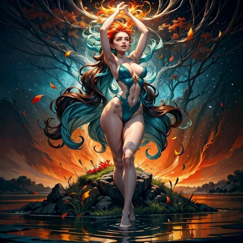 In a surreal landscape that blurs the boundaries of reality, the four elements - Earth, Water, Fire, and Air - converge in a mesmerizing dance of ecstasy. At the center, a female figure representing pure energy and bliss stands with arms outstretched, radi...