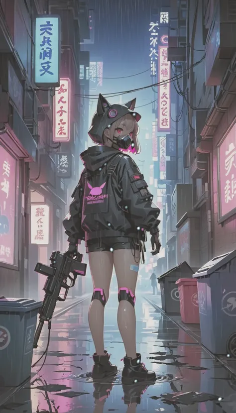 cyber punk，cute armed girl，look back，cute girl，cat ear hood，bob，the inner color of the hair is pink，blood on the face，adhesive p...