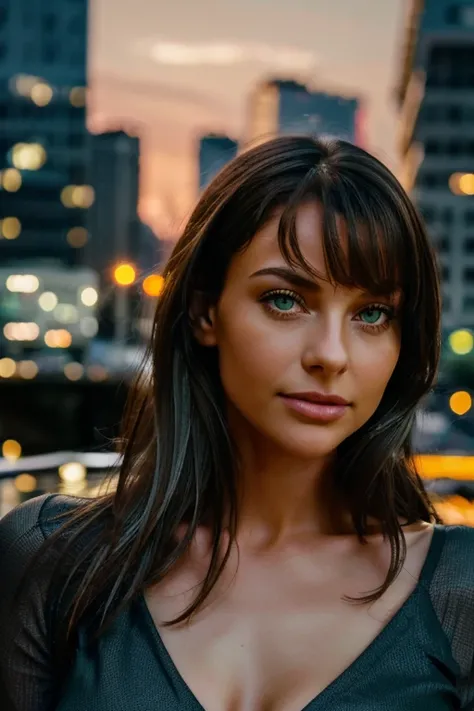 best quality,  (depth of field) ,ultra high res, (photorealistic:1.4), RAW photo, city at night 1european woman , , solo , (green eyes), natural face  , sexy sensual confident look, city lights ,  dark long messy brown hair, mature sexy confident 31 yo, se...