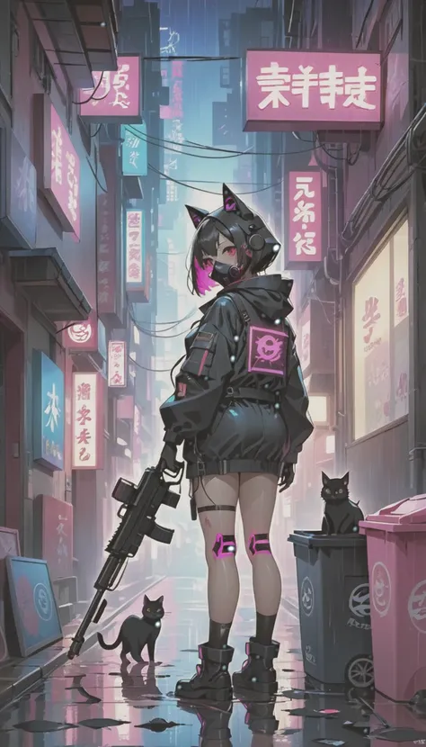 cyber punk，Cute Armed Girl，look back，cute girl，cat ear hood，bob，The inner color of the hair is pink，Blood on the face，Adhesive plaster on the knee，Neon Blue Shadows，Neon pink highlights，neon sign，Very narrow alley，Crows rummaging through trash cans，Black c...