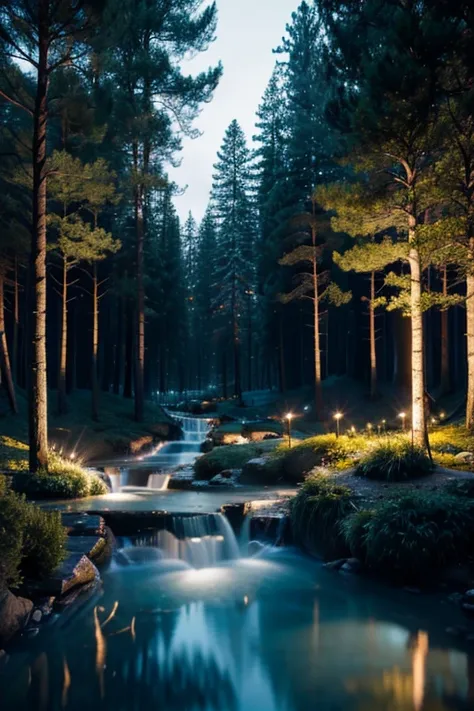 a magic scenery of a forest, with a few rivers running through it, its evening and a little lights are here and there