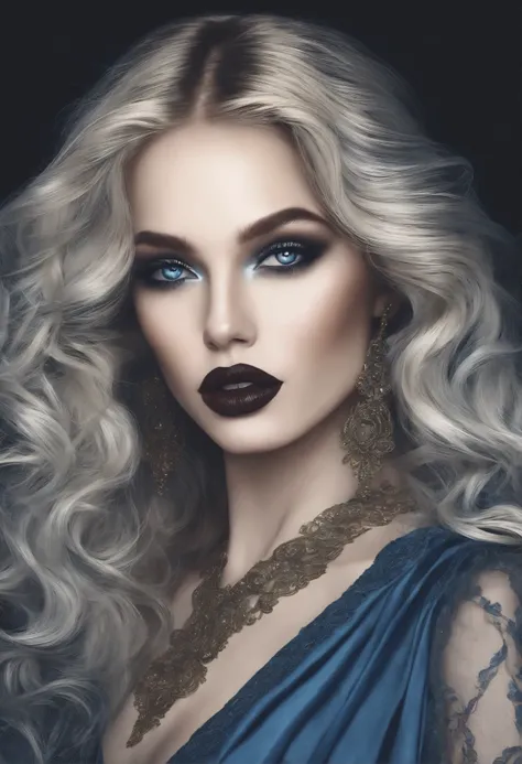 dark gothic illustration symbiosis wind, veil botanical luxurious face long curly hair blonde lush lips blue lipstick large colored expressive eyes huge eyelashes colored threads many details long curly hair blonde minimalism avant-garde