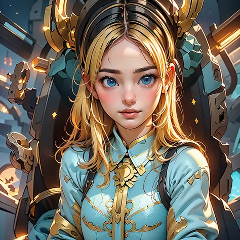 "(best quality, highres:1.2), realistic, anime, portraits, young blonde girl, beautiful detailed eyes, aesthetic body, dark blue eyes, long lashes, beautiful detailed lips, white clothes with blue details, wearing a golden necklace, on a spaceship, futuris...