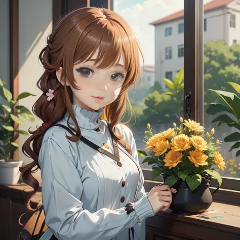 anime girl with long brown hair holding a pot of flowers, anime visual of a cute girl, painted in anime painter studio, anime moe artstyle, marin kitagawa fanart, 🍁 cute, cute anime girl, smooth anime cg art, made with anime painter studio, beautiful anime...