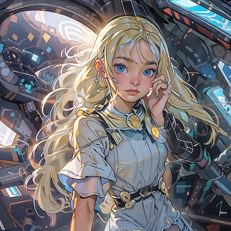 (best quality,4k,high res),ultra-detailed,anime,portrait,young,young blonde girl,aesthetic,body,dark blue eyes,detailed eyes,white clothes,blue details,fitting tight clothes,tight sleeves,spaghetti straps,short skirt,frills,fluffy skirt,spaceship,interior ...