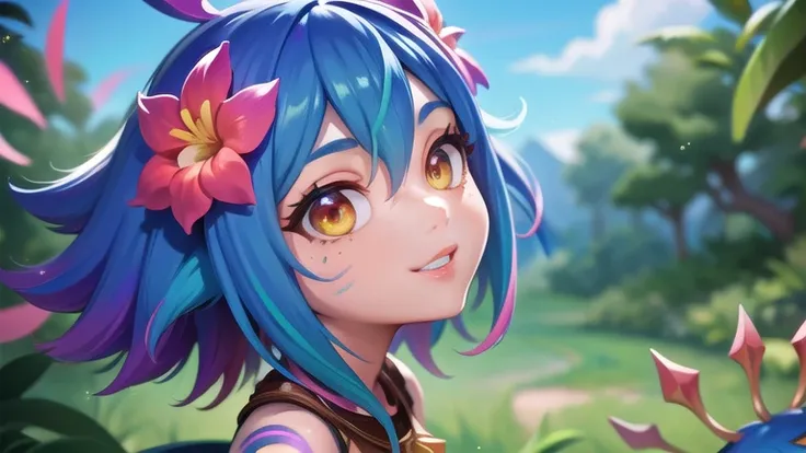 league of legends neeko, masterpiece, best quality, neeko, facial marks, hair ornaments, hair flower, crop top, close-up, face, portrait, blue sky, smile, closed mouth, neeko ,with short blue hair，CHIBI，Trendy style clothes，a rainbow、，The cyberpunk, pure w...