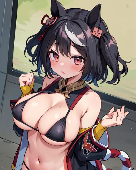 Kitasan Black,horse ears,NSFW,1 girl,,,chest,尖ったchest,cleavage,underboob,side boob barbosa,(blush),((embarrassing)),Spread and masturbate((white micro bikini))first round(((fold your hands in front of you)))((View from above at an angle))upper body up