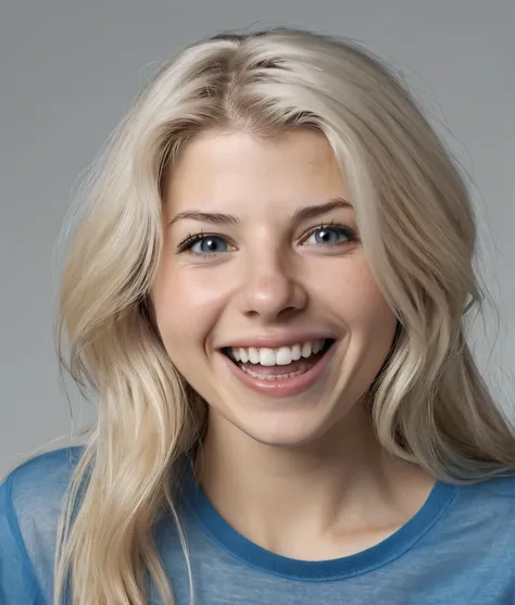 Ultra realistic, 8k, Marisa Tomei sexy 21 years old Danish girl, perfect pale skin, Nordic girl, sweet wide smile open mouth, sexy girl with long Platinum blonde hair, sweet and sexy grey eyes, nipples, perfect little nose, dressed in a transparent blue t-...