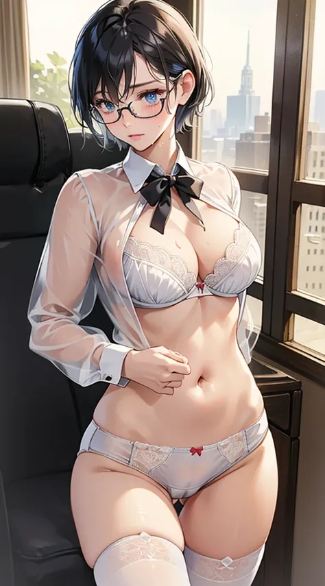 (Super detailed), Lovely, ((sexy)), (device), ((very detailed)), (beautiful), 1 female, beautiful blue eyes, beautiful black short hair, Glasses, office, machine, sexyなポーズ, open button shirt, Tight Skirt, stockings, (white bra), ((white panties, camel toe)...