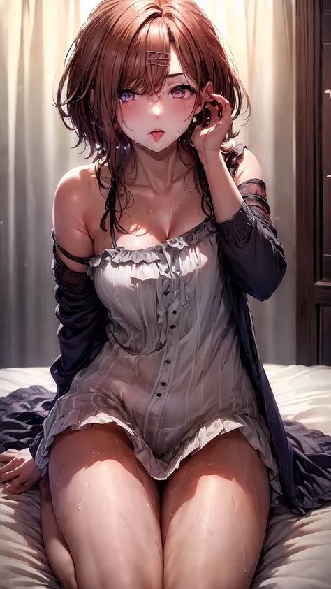 Super detailed(eye:1.7),highest quality、best image quality、on the bed、beautiful cleavage、disheveled clothes、thin、humiliated face、dog pose、Super detailed、small breasts、Light Particles 0.5、Moist eyes、wet body、lick