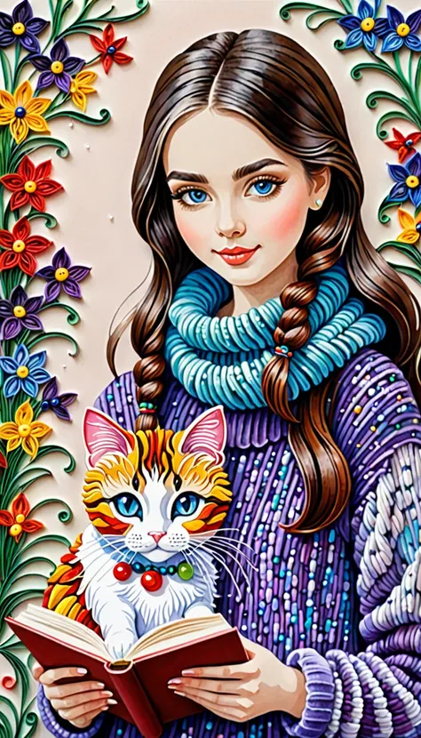 Cute  colorful  woollen art girl holding cat, beads  book,  focusing,, fantastic , perfect composition,  perfect details,  perfect eyes,  perfect iris,  high resolution, high quality, high definition,   ink painting , lovely, calm, painting splashes , quil...